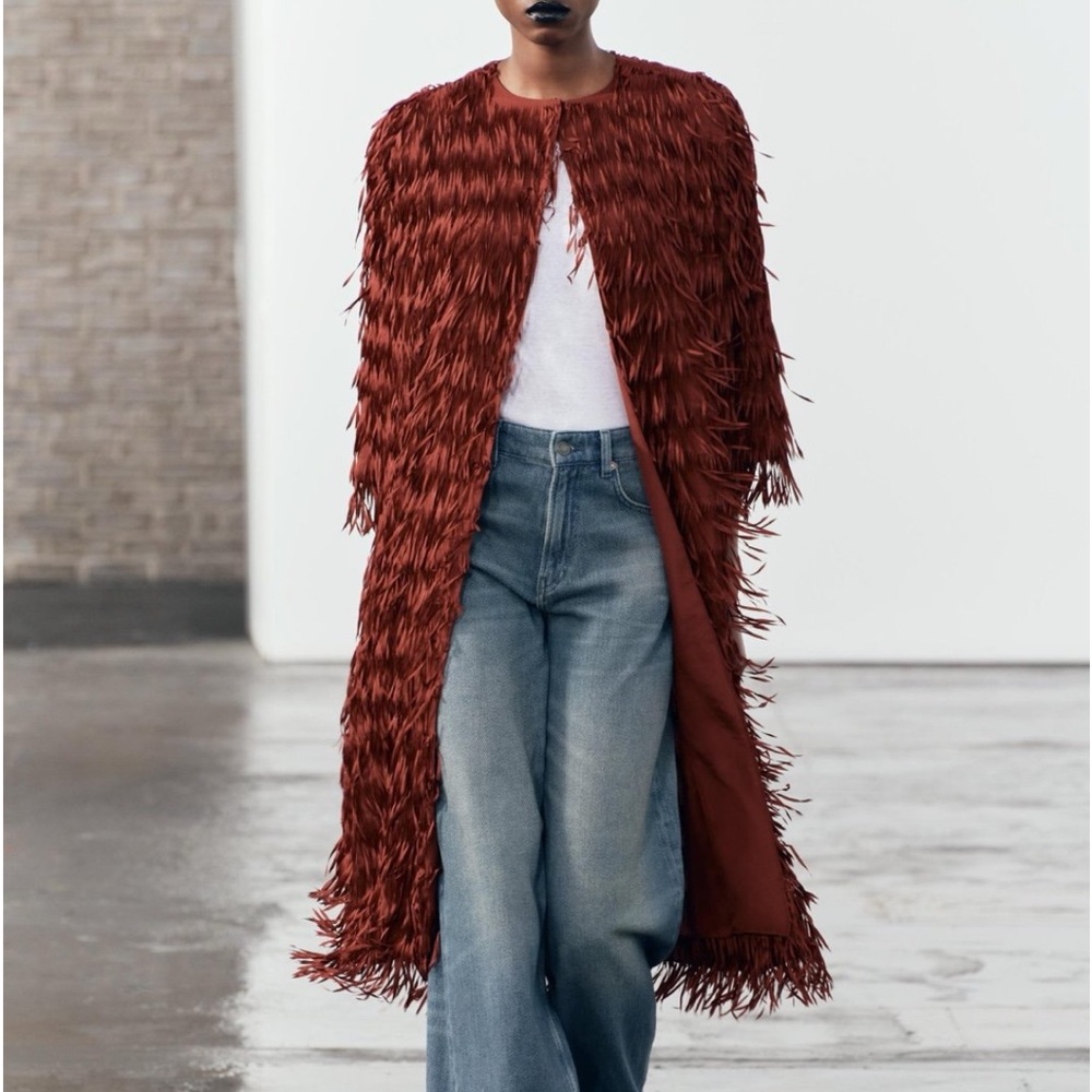 Zara Textured Fringe Long Coat in Rust